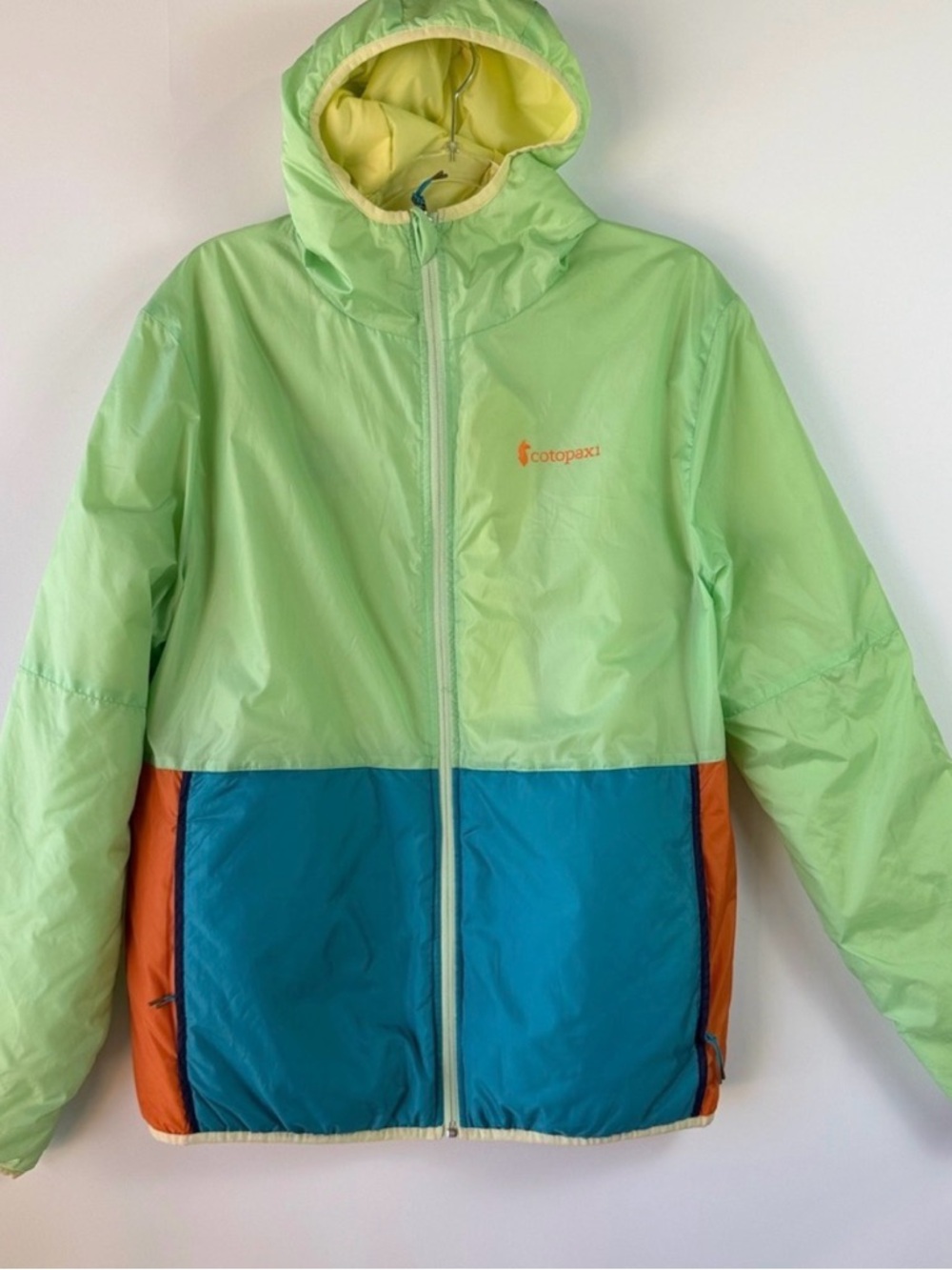 cotopaxi Colorblock Hooded Puffer Jacket in Lime, Teal & Orange
